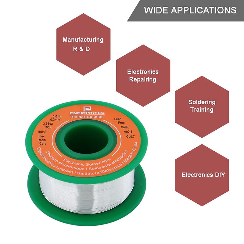 E ENERSYSTEC Ultra Thin Solder Wire Lead Free Rosin Core Flux Alloy Soldering 0.01in 0.3mm 100g Sn99 Ag0.3 Cu0.7 Flow 100g for Electronics Soldering Electrical Solder - Image 5